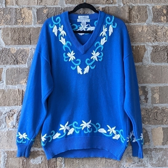 Vintage 80's Izod Club Hand Embroidered Blue V Neck Floral Sweater XL - Picture 1 of 7